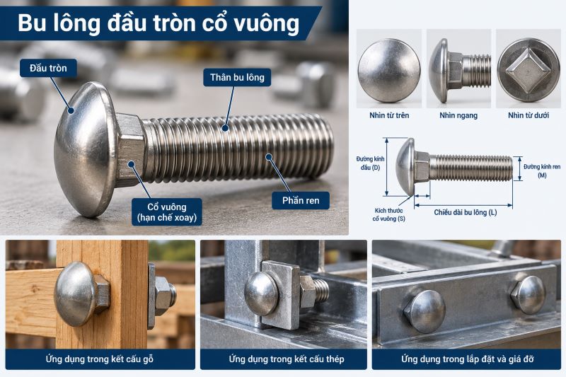 Bu lông đầu tròn cổ vuông