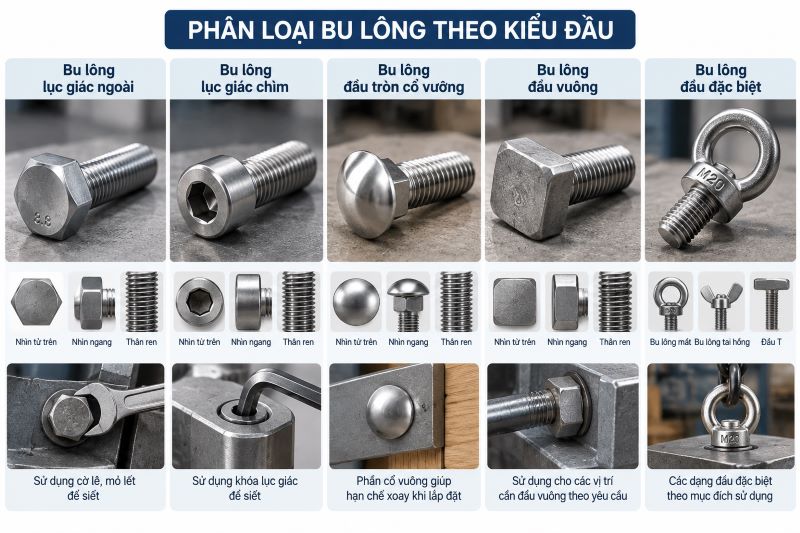 Phân loại bu lông theo kiểu đầu