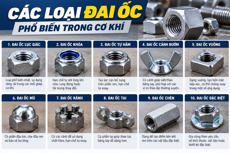 Các loại đai ốc phổ biến trong cơ khí
