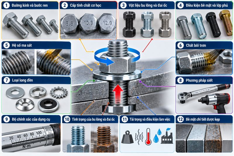 Những yếu tố ảnh hưởng đến lực siết bu lông